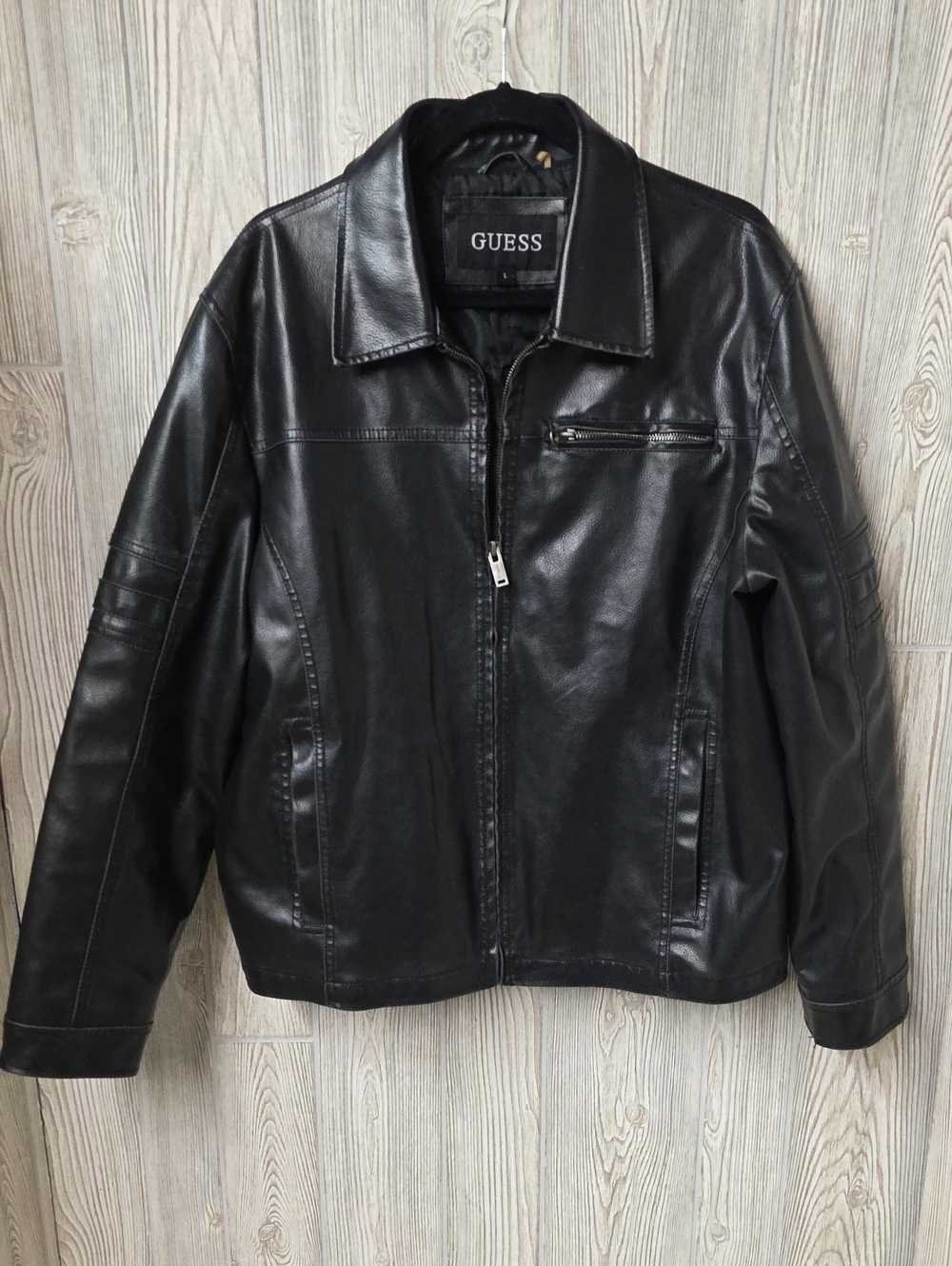 GUESS Black Faux Leather Moto Full Zip Vintage Jacket Mens Size Large